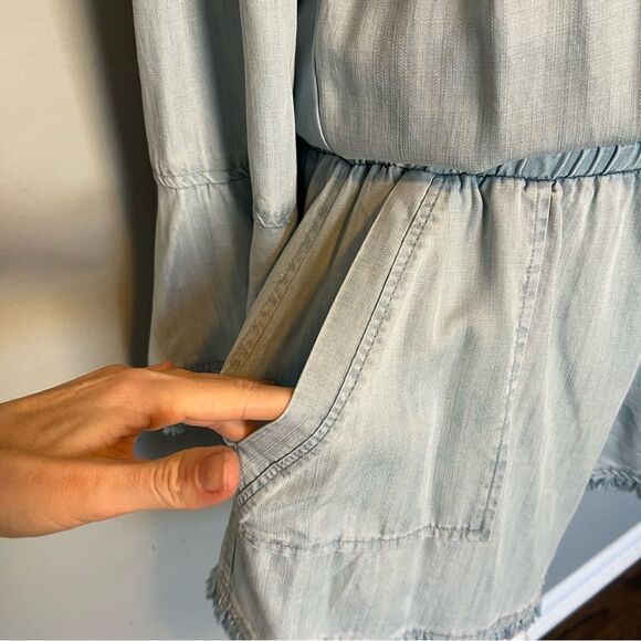 Ramy Brook Esie Chambray Romper Size XS Long Bell Sleeves Off the Shoulder - Picture 7 of 10